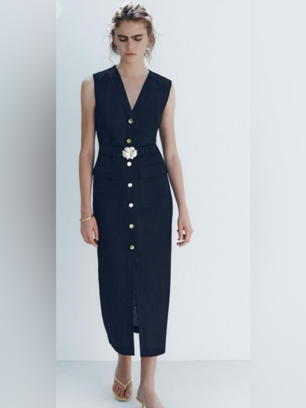 Zara Navy Blue Linen Belted Midi Dress V-Neck Sleeveless Slit Summer NWT